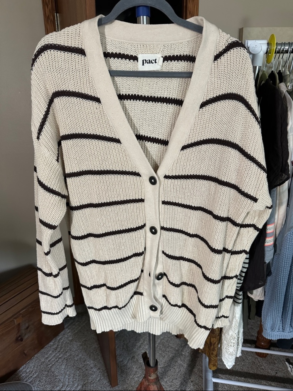 Pact Cream and Brown Striped V-Neck Button Cardigan